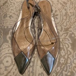 9.5 Schutz clear and silver sling back flats